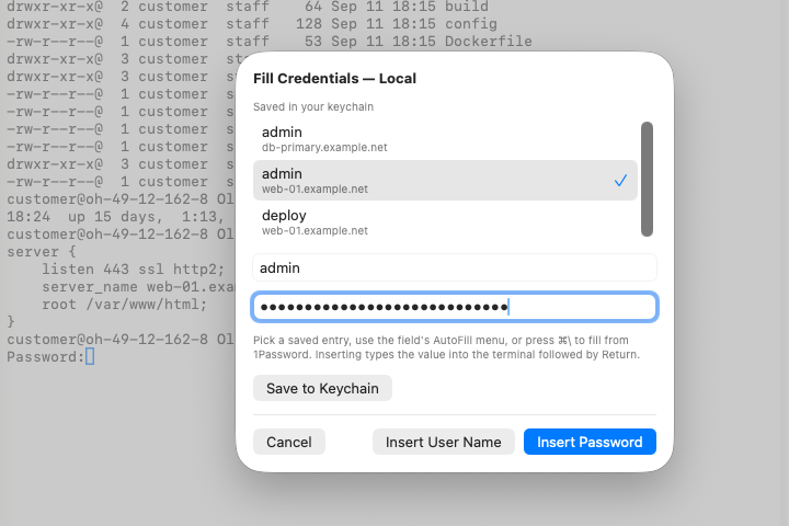 A sudo password prompt in the terminal and the Fill Credentials sheet listing saved logins