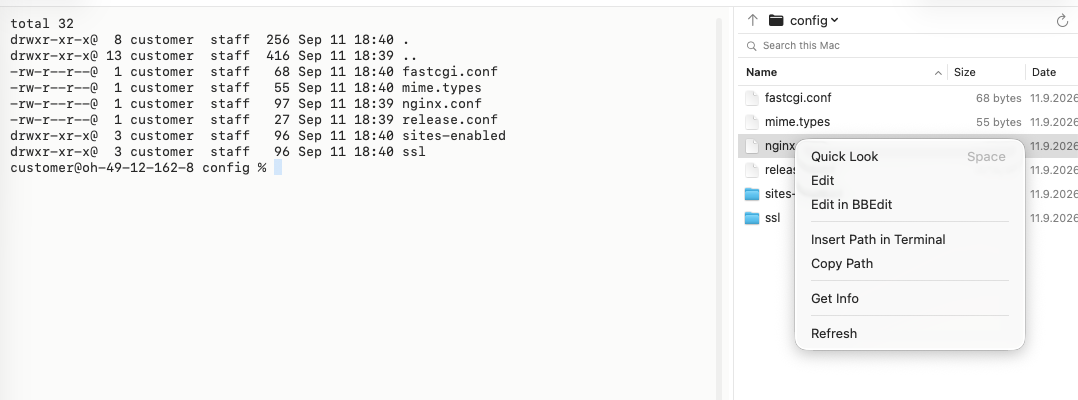 The file browser pane beside the terminal, both in the same folder, with a file’s context menu open: Quick Look, Edit, Edit in BBEdit, Insert Path in Terminal, Copy Path, Get Info