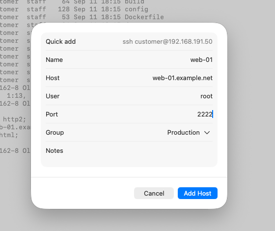 The New Host sheet with name, host, user, port and group filled in