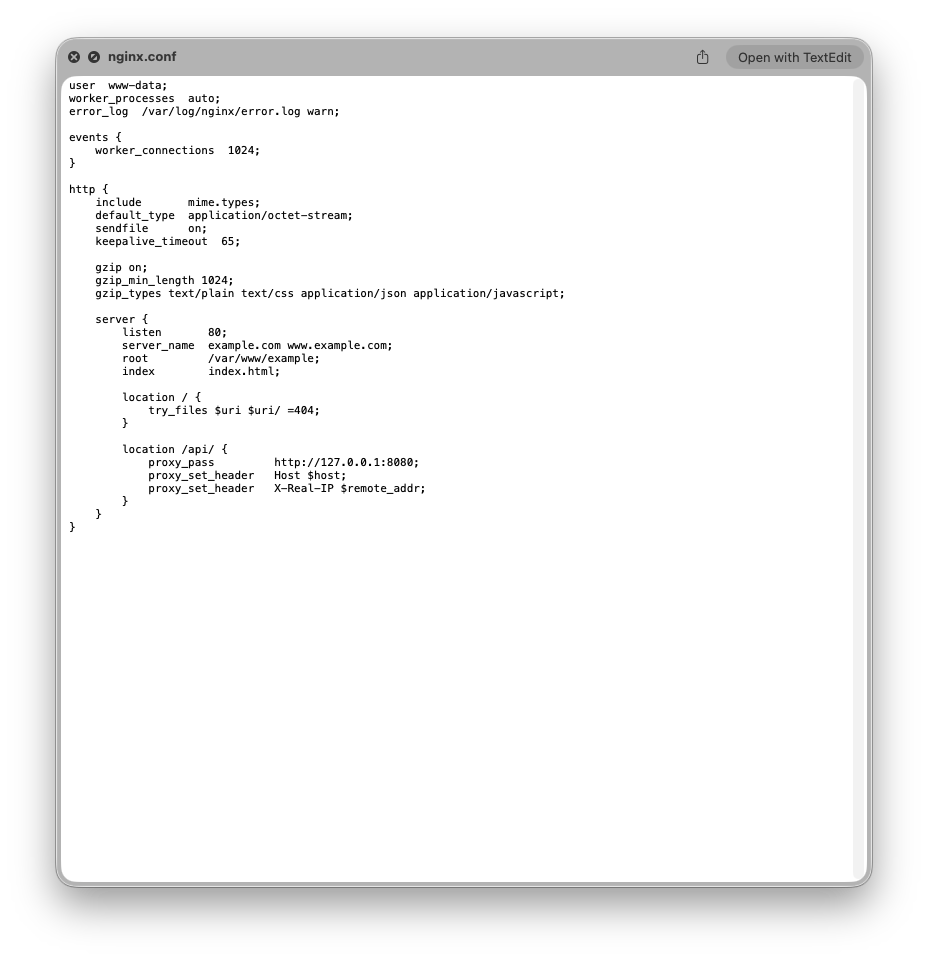 A Quick Look window showing the text of nginx.conf, titled nginx.conf.