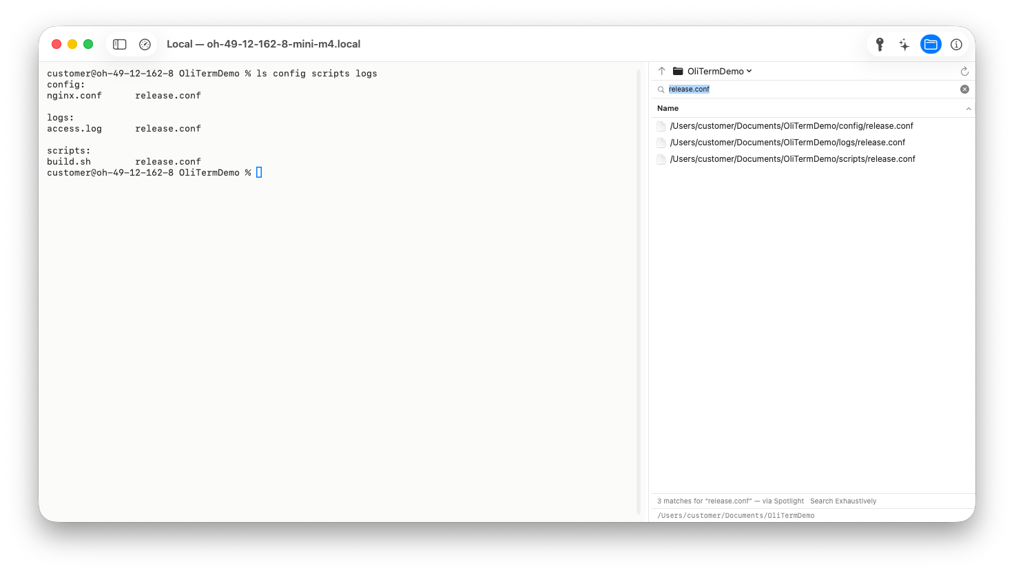 The file pane showing three search results, each a full path to a release.conf file in a different folder.